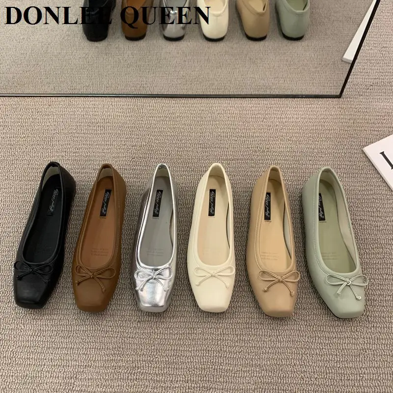 Classic Female Flats Ballerina Shoes Women Fashion Square Toe Pleated Ballet Bow Knot Shallow Moccasin Casual Loafer Sliver Muje