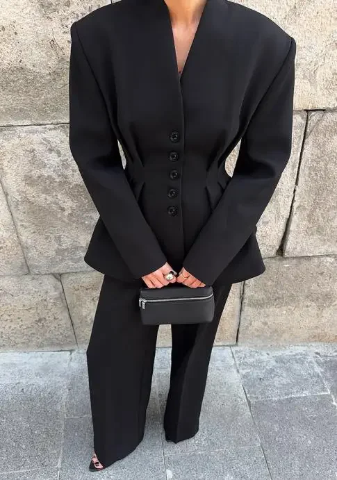 

Fmxires Two Piece Set Women Outfit 2025 Autumn Temperament Long Sleeved V-Neck Pleated Waist Blazer Jacket & Elegant Pants Set