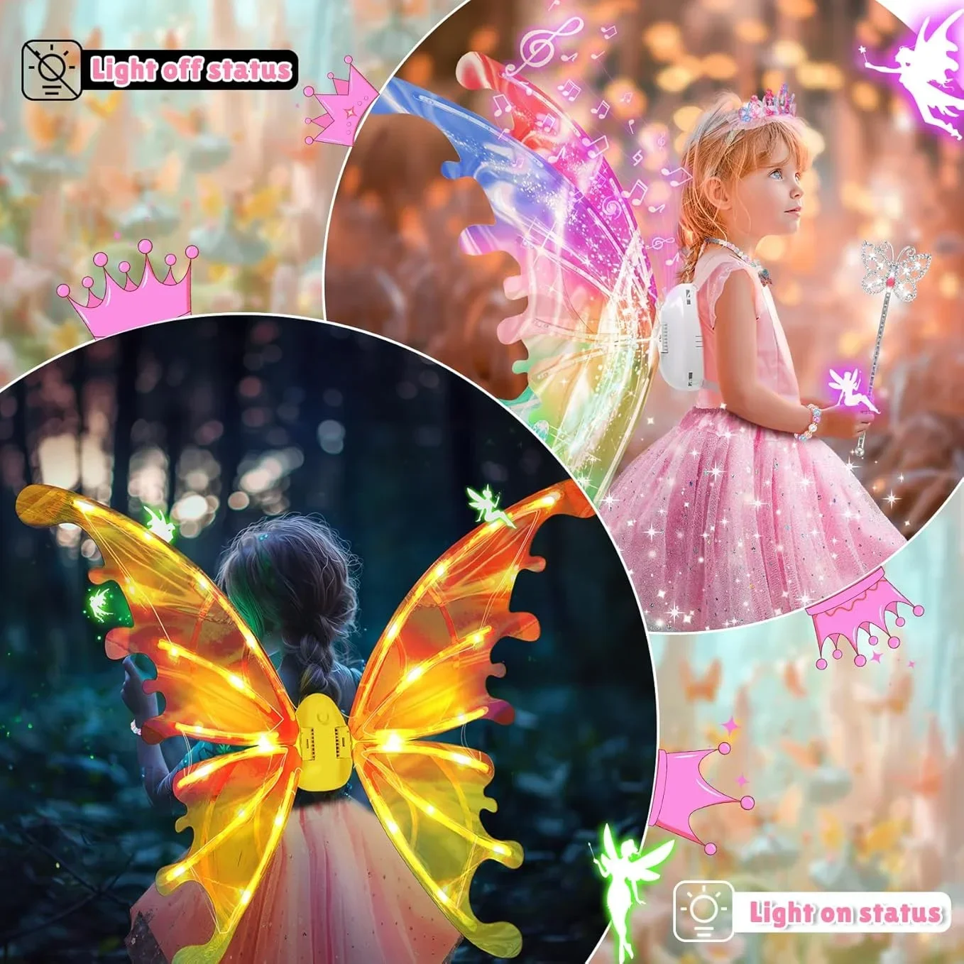Flashing Luminous Electric Fairy  Angel Wings Set Children Costume Props Girl Butterfly Wings Headband  Wand Role Play Halloween