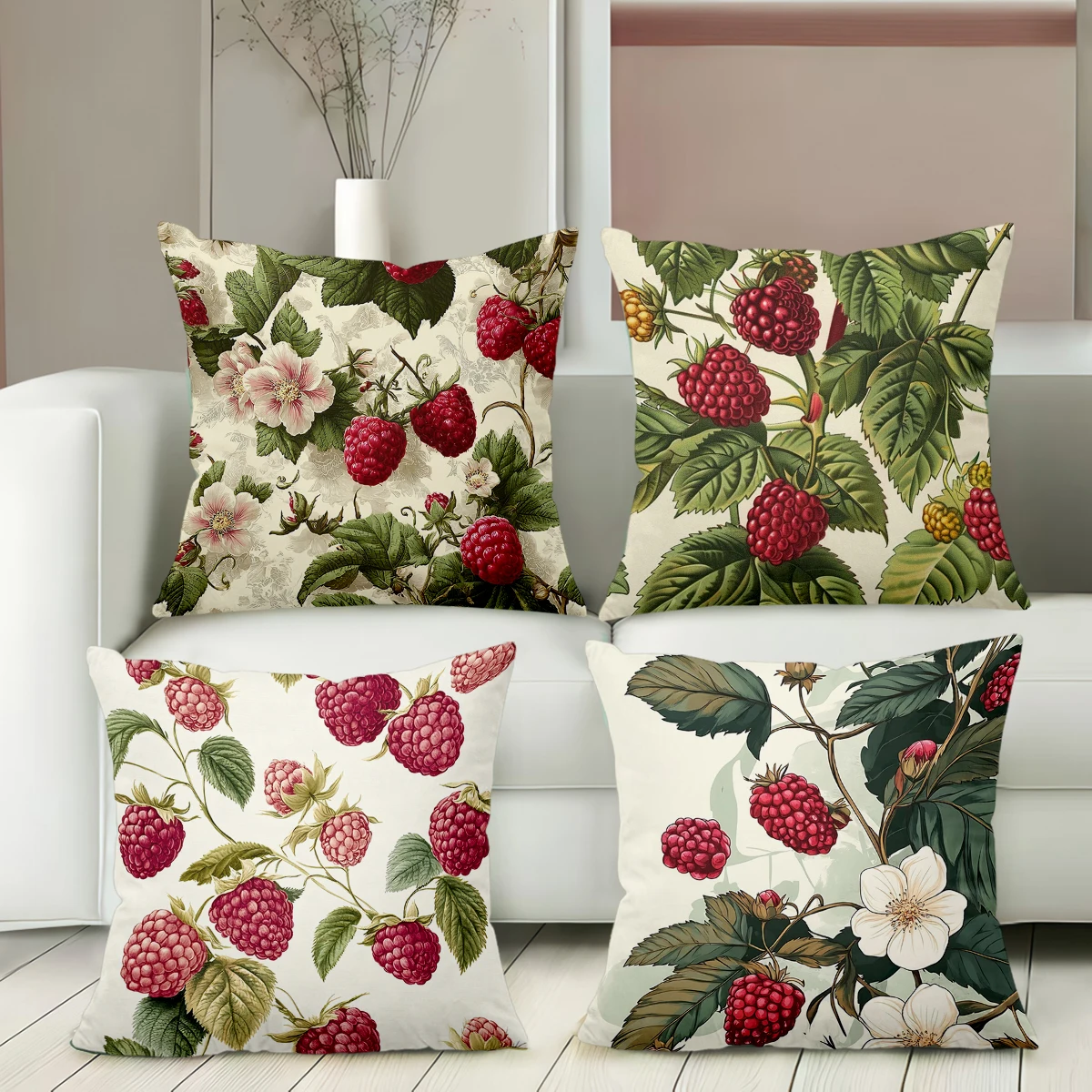 Red Raspberry Floral Vintage Pillow Cover Short Plush Polyester Cushion Case Decor Throw Pillowcase Home Deco
