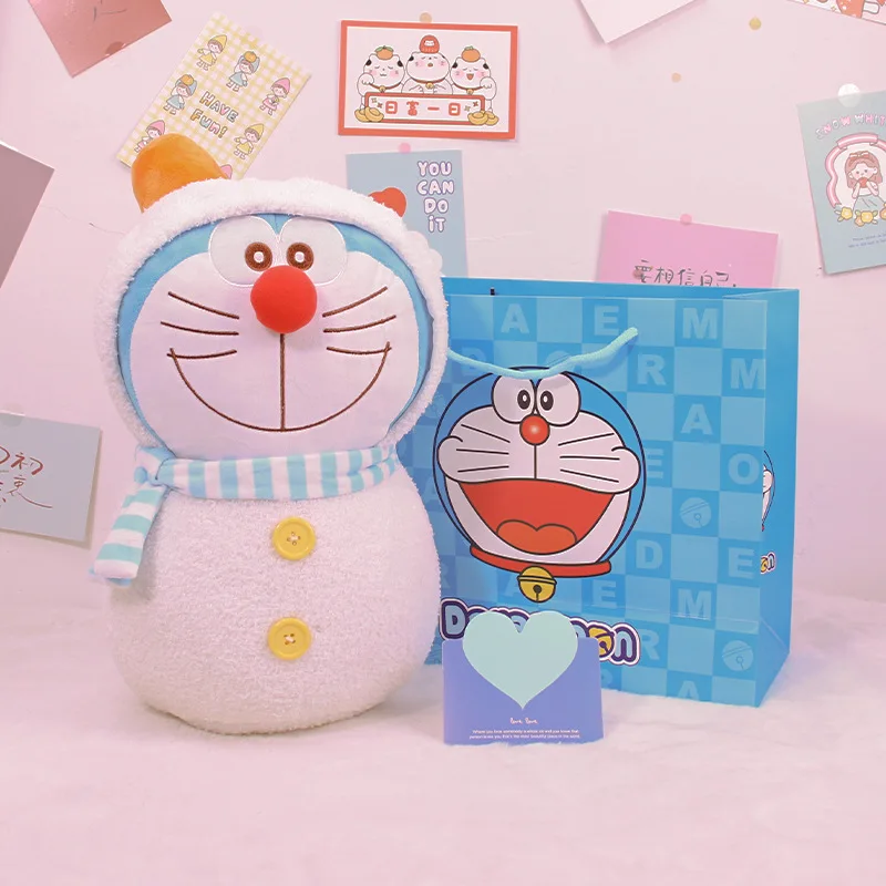 Cute Winter‑Style Doraemon Snowman Plush Toy, Scarf & Hat Stuffed Doll with Gift Bag, Nice Home Ornament Present for Anime Fans