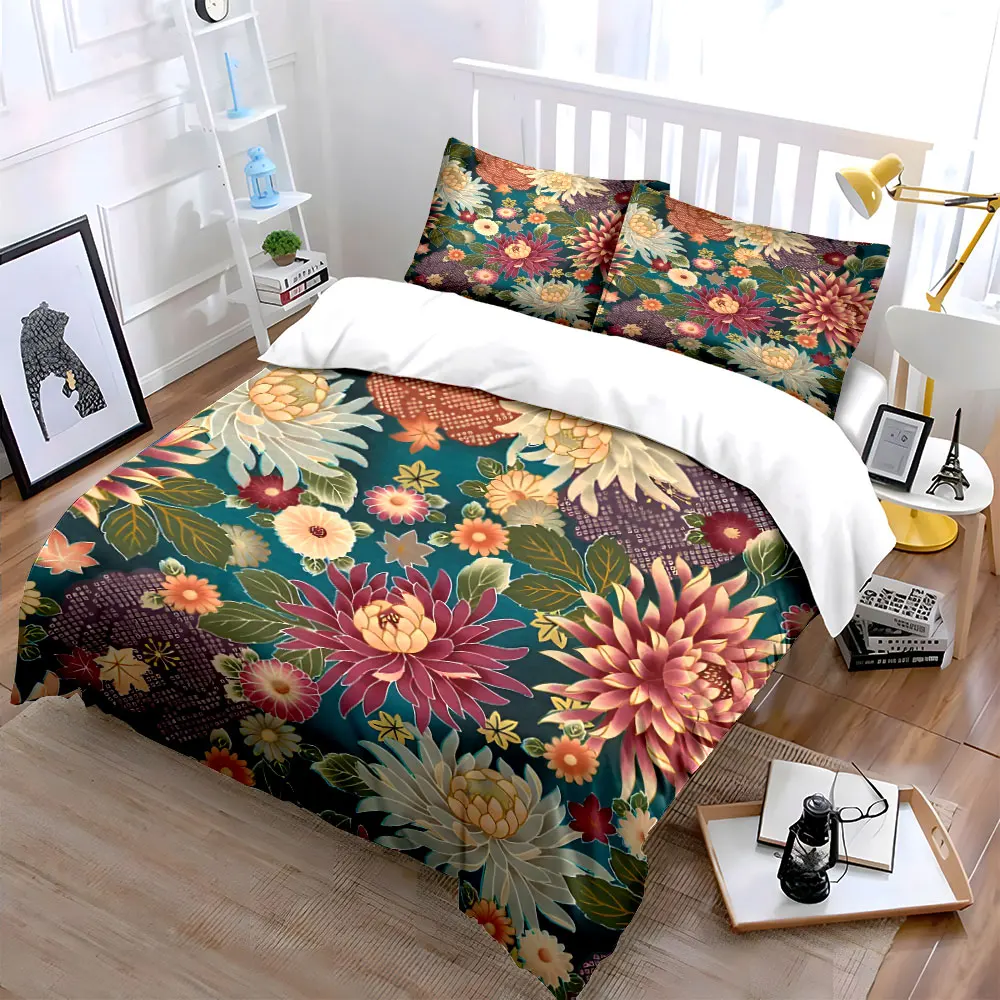 Japanese Dahlia Floral Duvet Cover Set, Dark Teal Vintage Kimono Print Bedding Includes 1 Duvet Cover And 2 Pillowcase, Gift