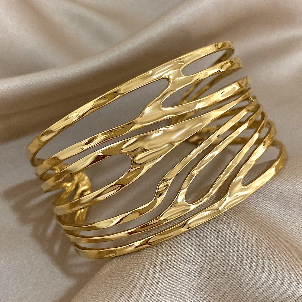Irregular Geometric Hollow Stainless Steel Cuff Bracelet Exaggerated Gold Silver Color Wide Open Bangles Waterproof Jewelry