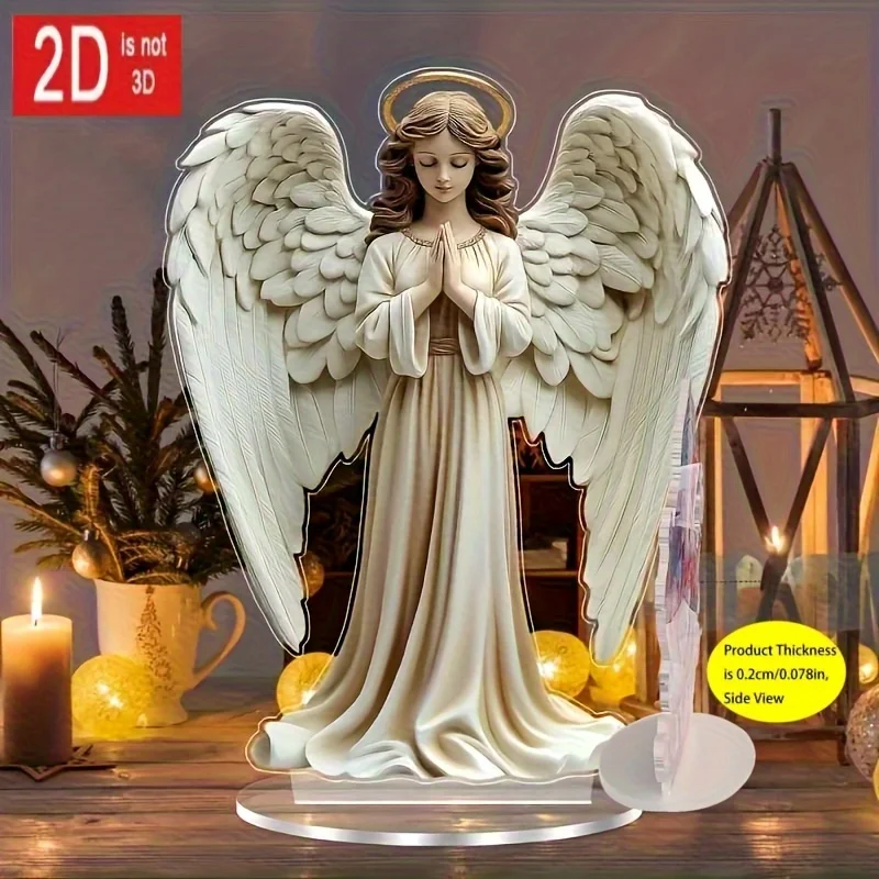 2D Flat, 2D Flat Bohemian Angel Acrylic Statue Print - 2D Flat Printed Angel Figurine with Golden Halo & Serene Expression, Perf