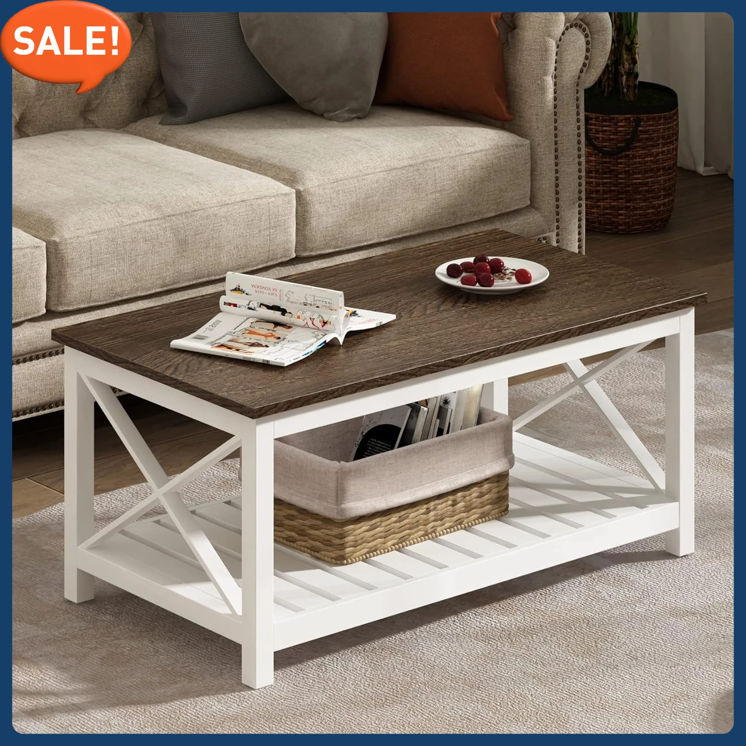 

Coffee Table, Rustic Farmhouse Table with Shelf for Living Room, Vintage Finish White
