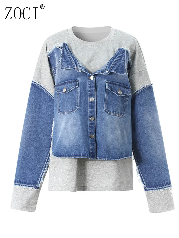 ZOCI موضة الدنيم المرقعة وهمية 2 قطعة البلوفرات المرأة الجولة الرقبة فضفاضة رمادي طويل الأكمام البلوز المد الجديد