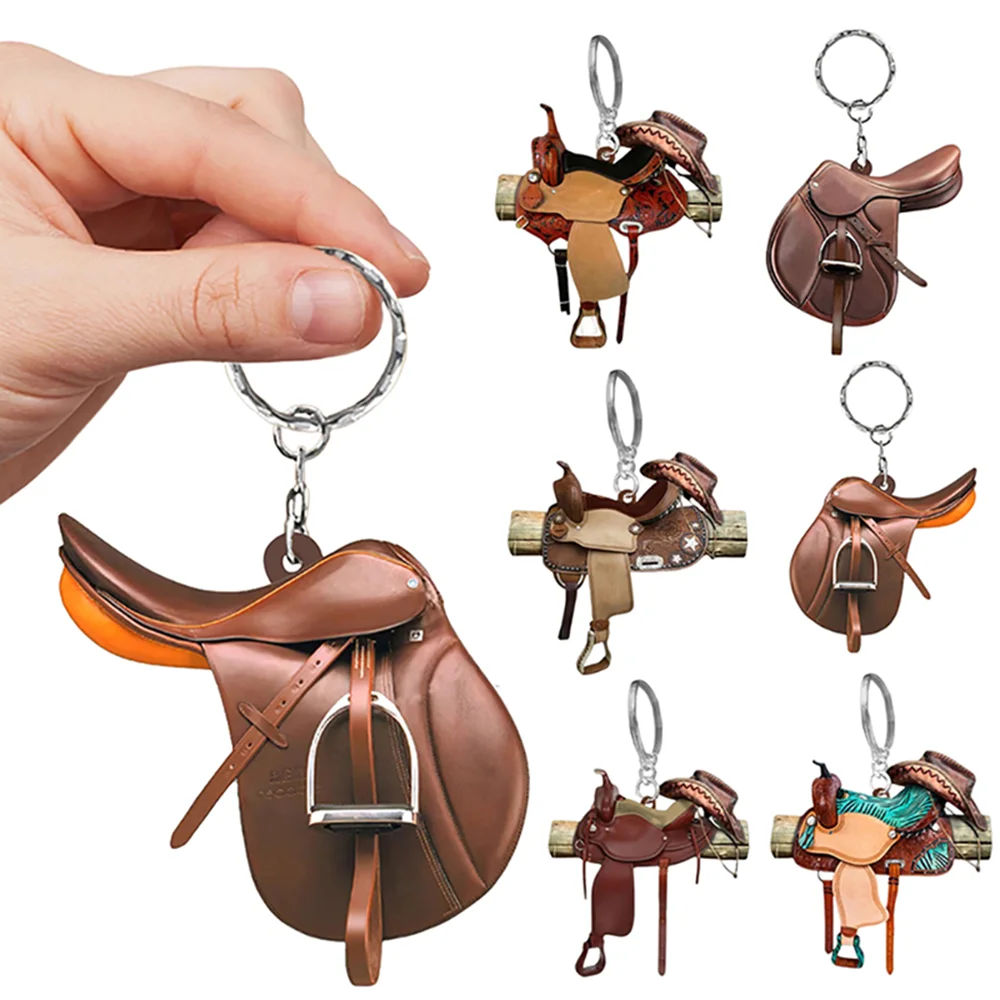 Horse Western Cowboy Saddle Shape Keychain Acrylic Charm Pendant Hanging Keyring Decoration Car Key Rings Holder Gifts Not 3D