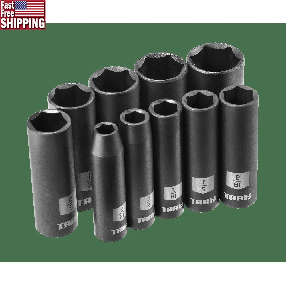 

Набор ударных головок SAE с приводом из 10 предметов, хром-ванадиевая сталь, глубокая конструкция розеток, устойчивый к ржавчине чехол для хранения, прочный инструмент