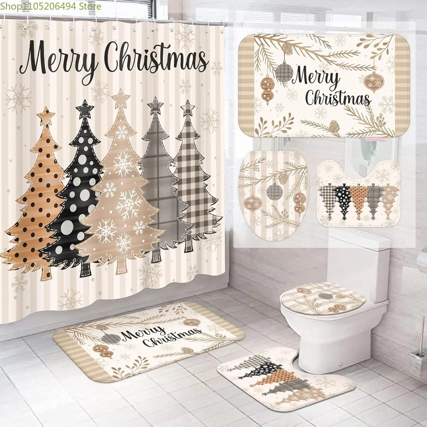 

1/4pcs Christmas Decoration Christmas Tree Shower Curtain Set, Shower Curtain with 12 Hooks, Non-Slip Bathroom Rug, Toilet U-S