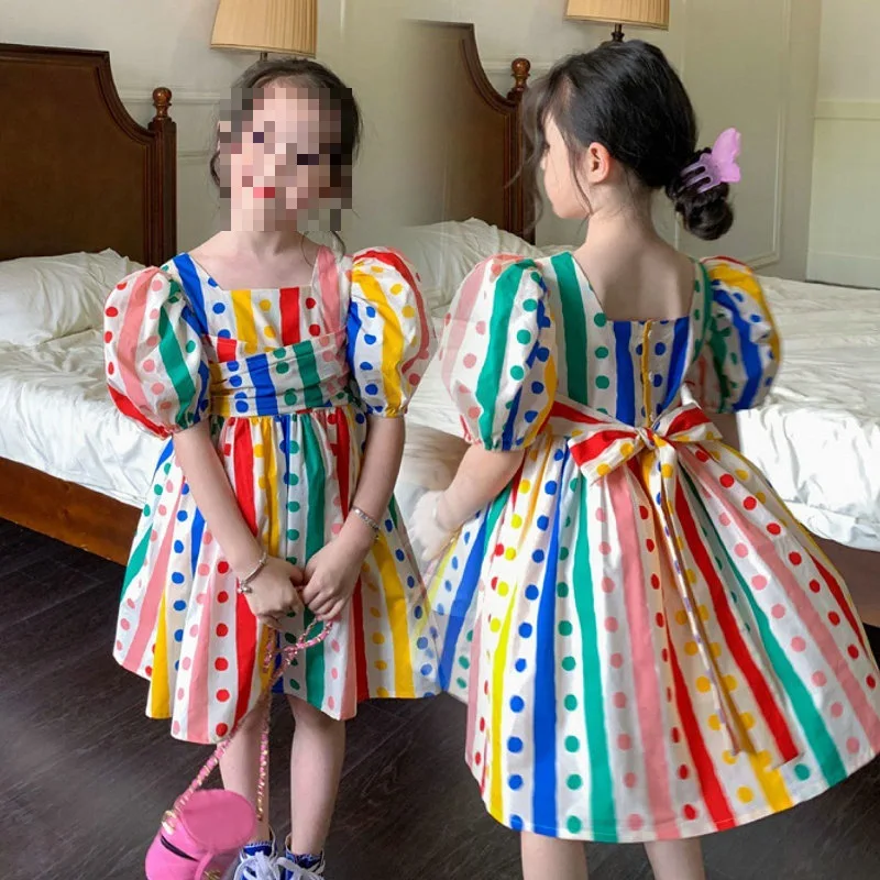 

Summer Casual Baby Girls Cotton Sweet Circus Color Stripes Dots Puff Sleeves Bow Tie Dress Kids Lovely Outfit Clothing 2-8 Years