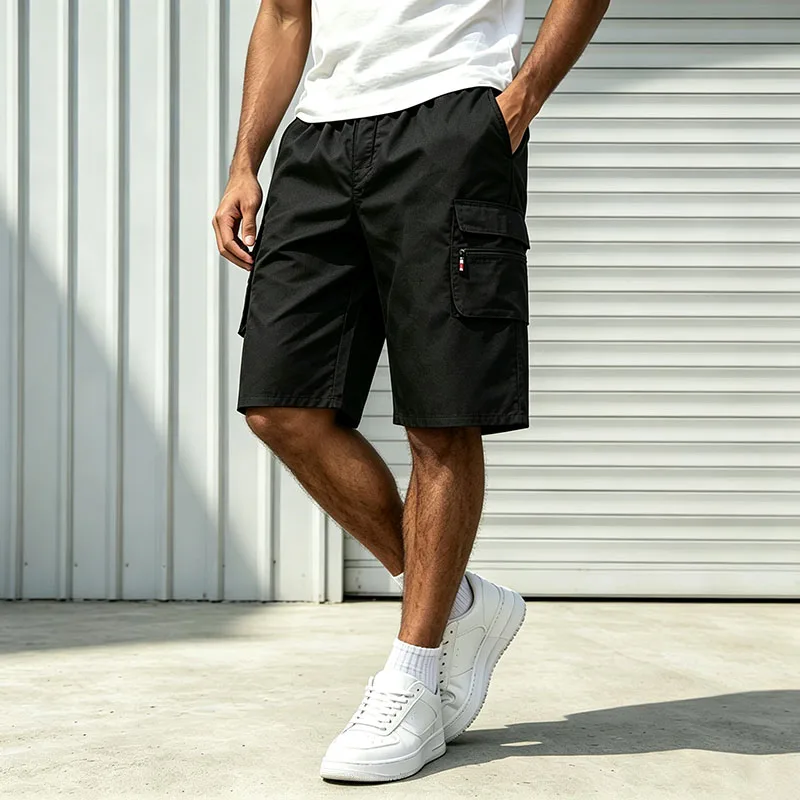 Men Multi Cargo Pocket Bermuda Shorts Elastic Drawstring Waist Loose Fit Outdoor Beach Travel Daily Knee Length Casual Shorts