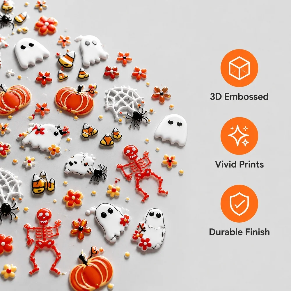 1Pc Professional Salon 3D Halloween Nail Stickers Embossed Skeleton Candy Corn Floral Ghost Long Lasting Waterproof Supplies