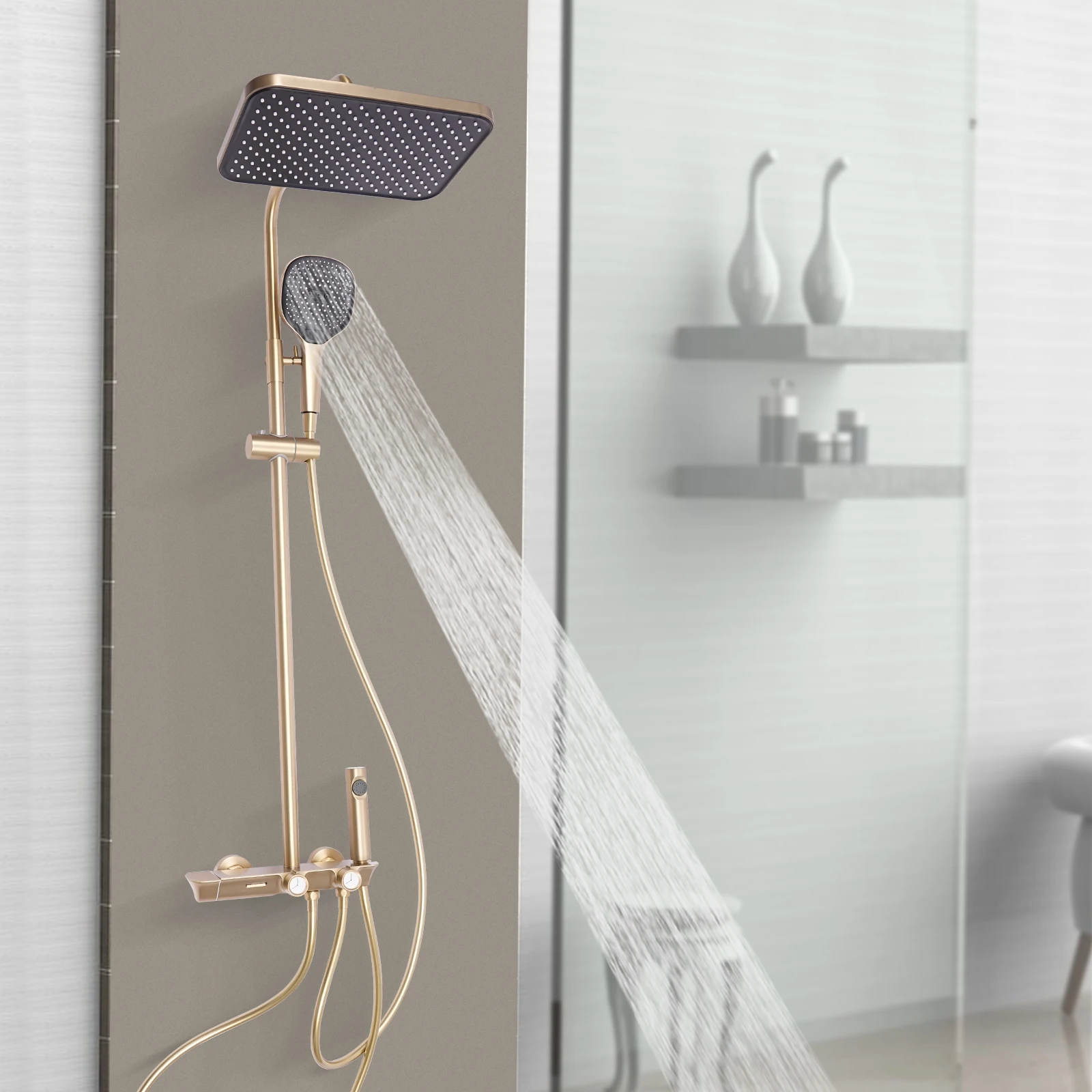Thermostatisches Duschset, mit Kopfbrause und Handbrause, wandmontiertes, verstellbares Duschset für Hotels und Privathaushalte, G1/2-Anschluss – Detail 7