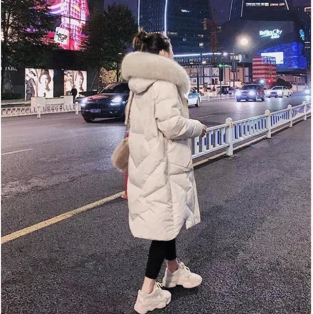 White duck down jacket female 2021 new winter Korean version of the knee large fur collar long thick small jacket