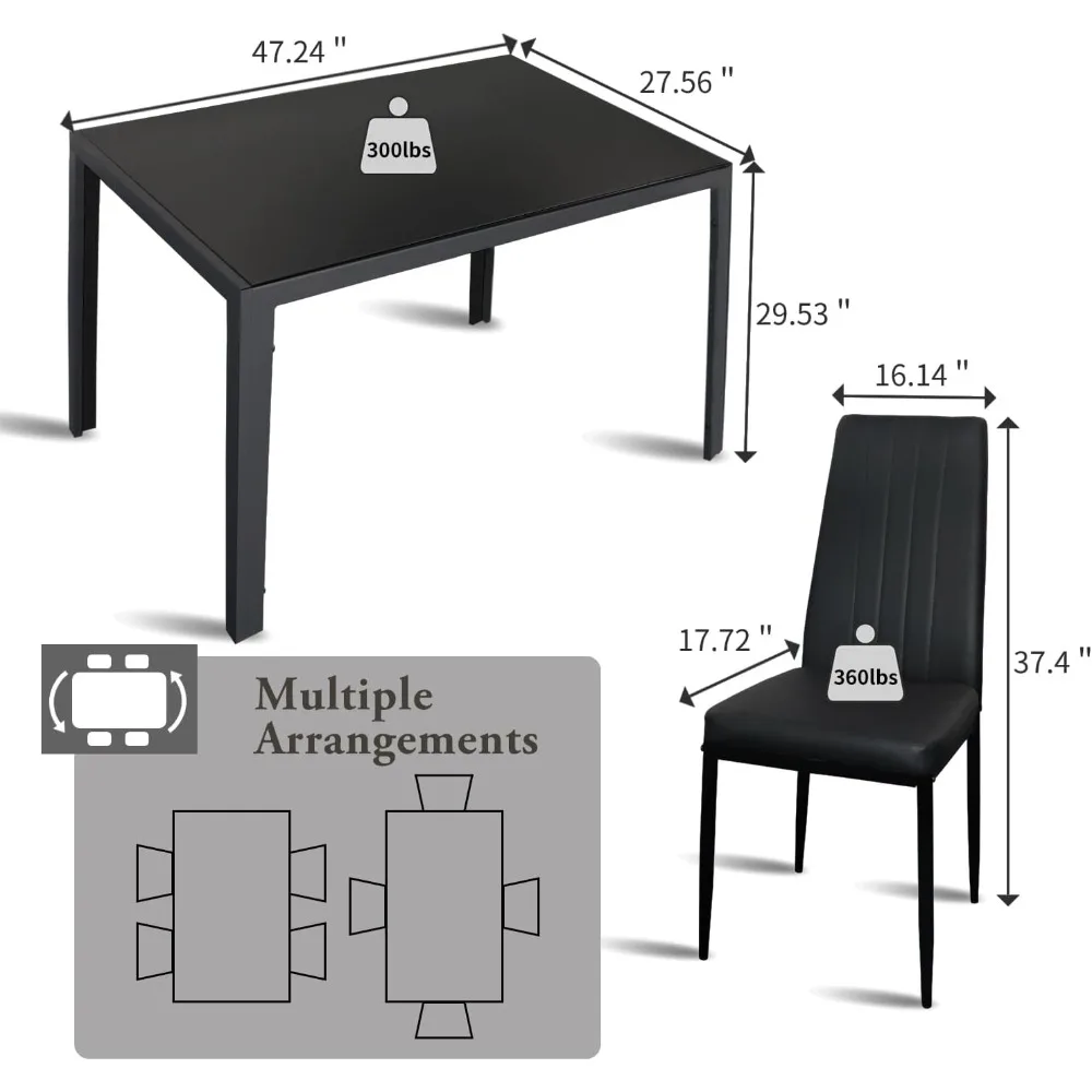 Super Stable Dining Table Set for 4, 5-Piece Kitchen Table and Chairs for 4, Modern Glass Dining Room Table & PU Leather Metal