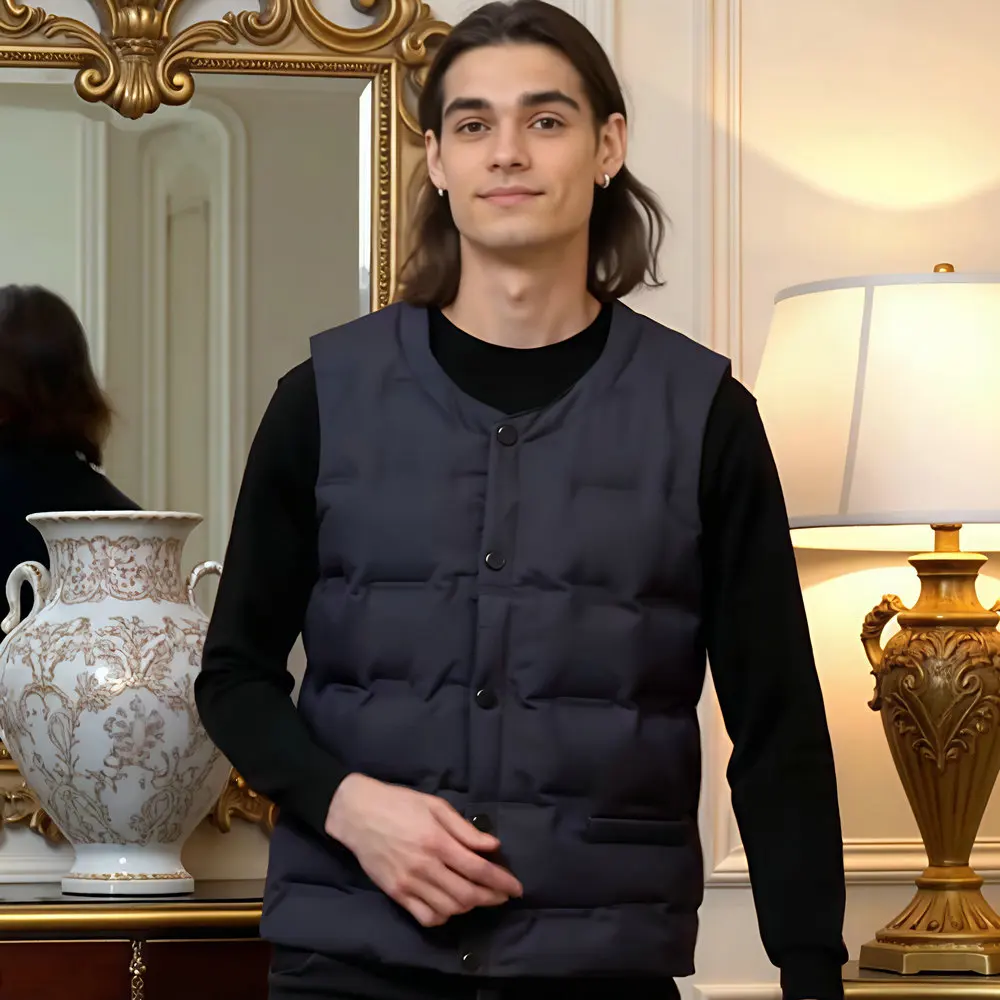 

Effortless Men Basic Goose Down Vest Black Navy Classical Waistcoat Thermal Round Collar Sleeveless Puffer Jacekts Warm Attire