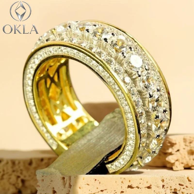 

925 Silver Plated With 18k Gold Wide Band Ring Full Paved Cubic Zirconia Luxury Statement Jewelry Gift For Women