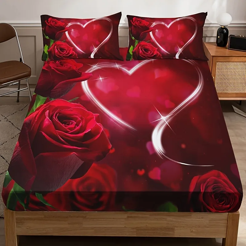 Valentine Red Rose Heart Fitted Sheet Set Romantic 3D Print Bed Sheet with Pillowcases Soft Wedding Bedroom Decor Bedding