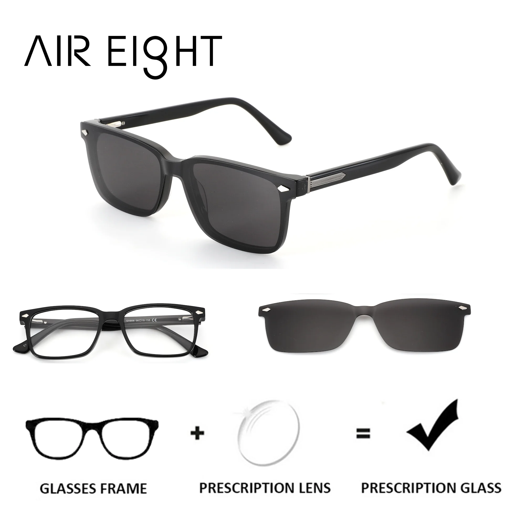 AIREIGHT Rectangle Acetate Clip on Prescription Glasses For Men Magnetic Blue Light Progressive Optical Eyewear Myopia Lenses