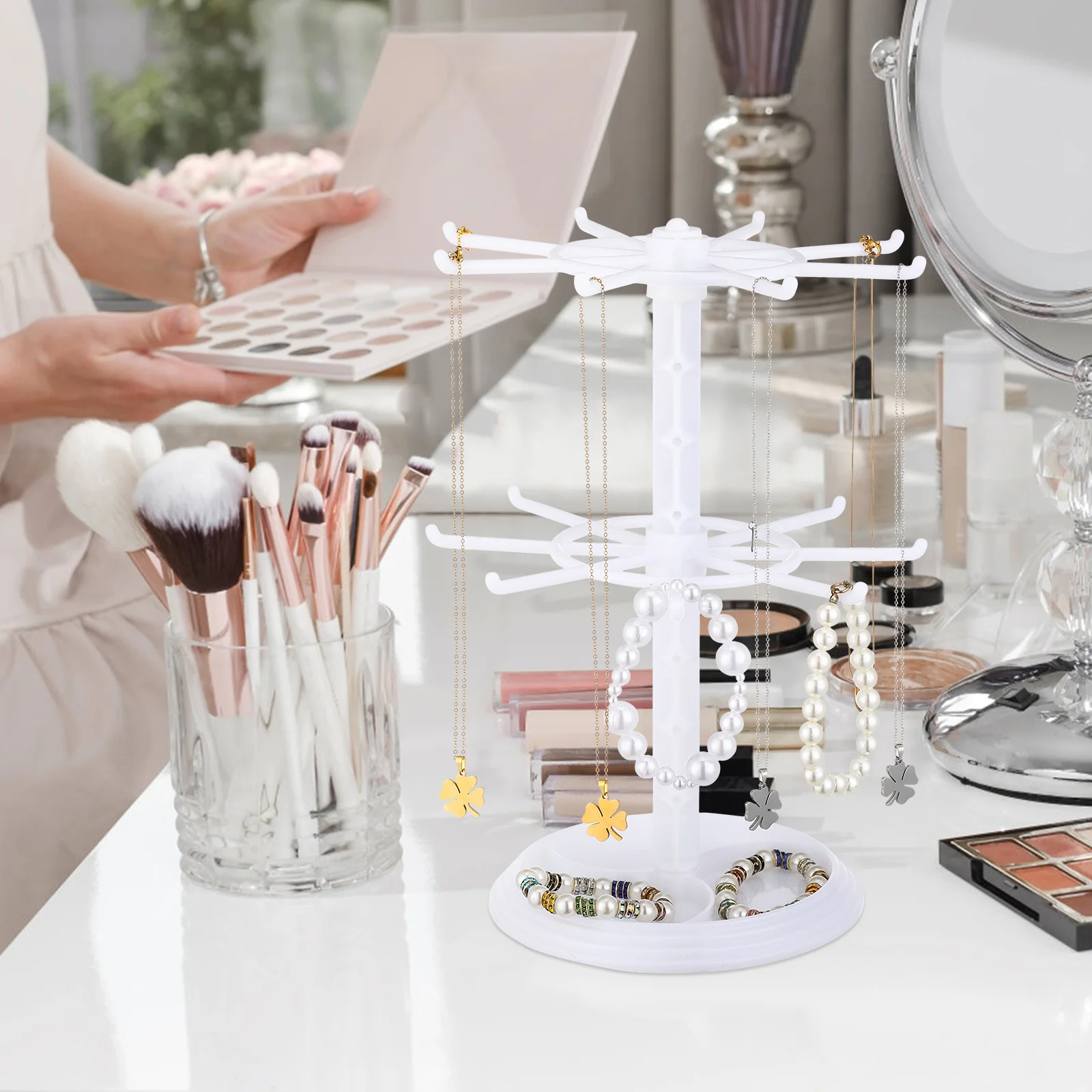 

2 Tier Rotating Jewelry Display Stand White Multilayer Earring Holder Organizer For Bracelets Necklaces Rings With Hooks Retail