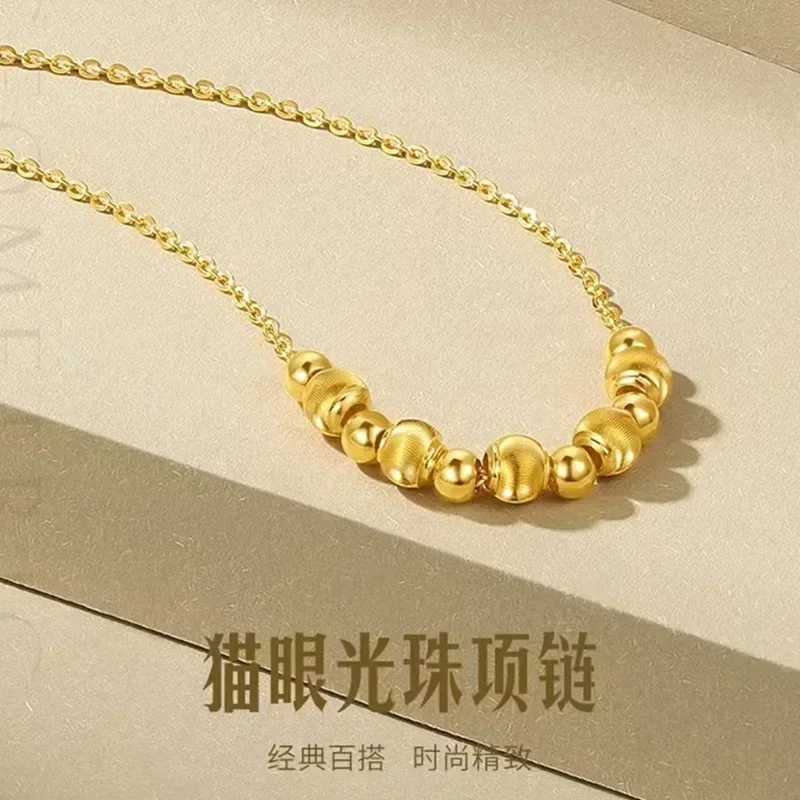 High quality pure gold womens necklace AU9999 real  24K  cats eye lamp beads fashion luck  girlfriend gift