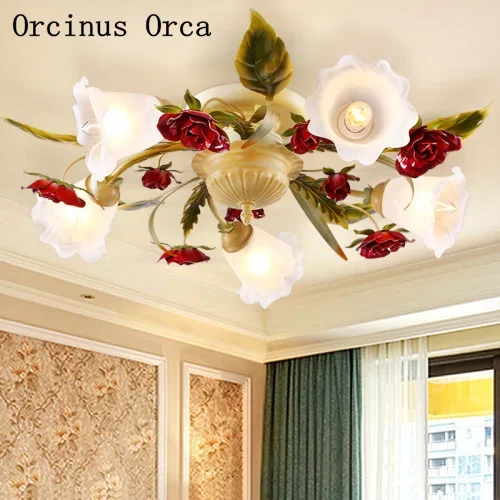 Korean Rural Rose ceiling lamp Living Room Restaurant European Romantic LED Tieyi Flower ceiling lamp free shipping