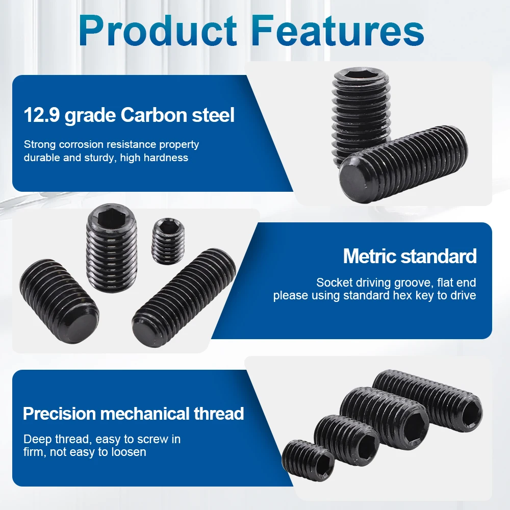 NINDEJIN Flat Point Socket Set Screw M2-M12 12.9 Carbon Steel Flat-Tip Hexagon Socket Grub Screws Headless for Door Knob