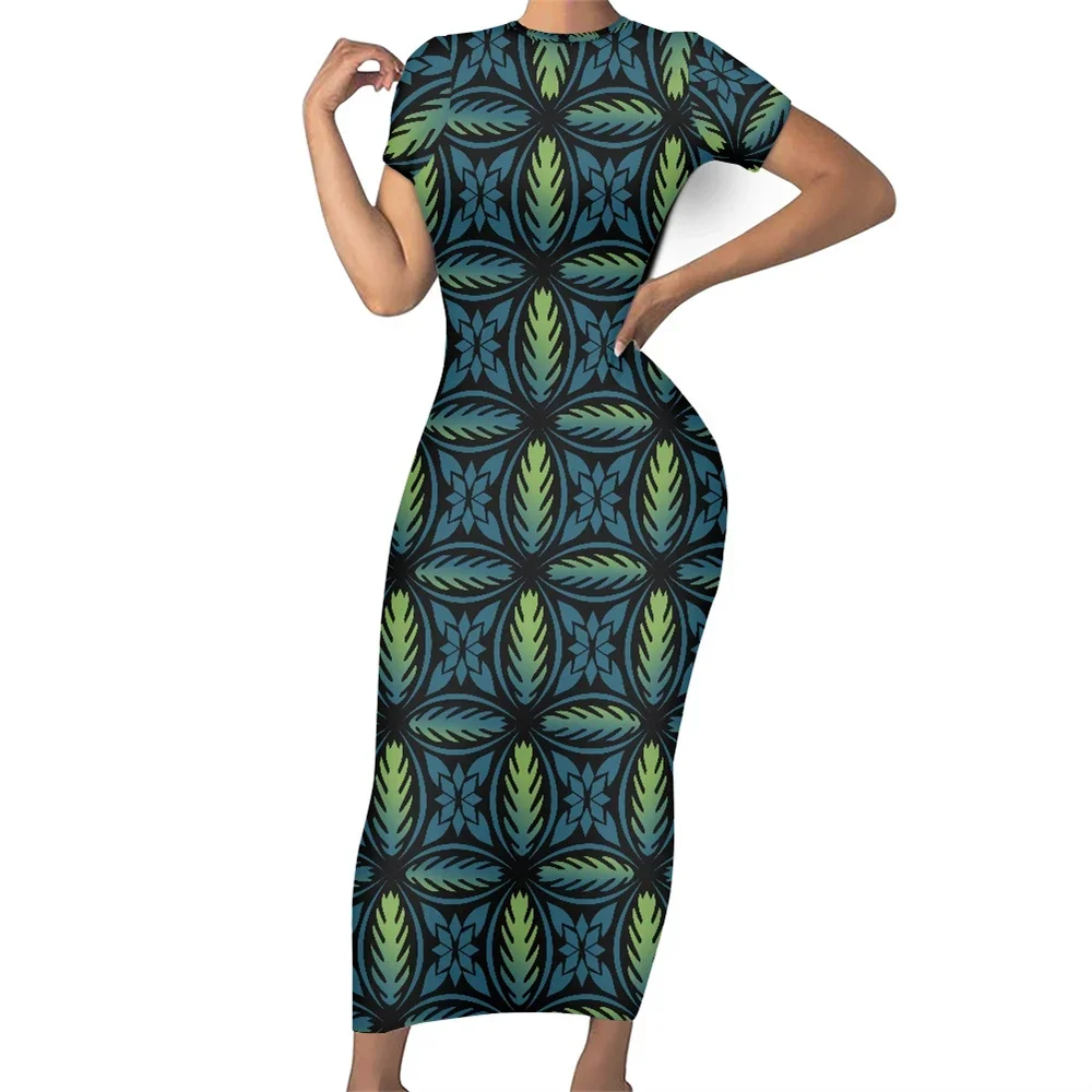 Fashion Polynesian Tribal Samoan Tahiti Tiare Red Maxi O Neck Bodycon Women Dresses Ladies Short Sleeves Casual Dress For Summer