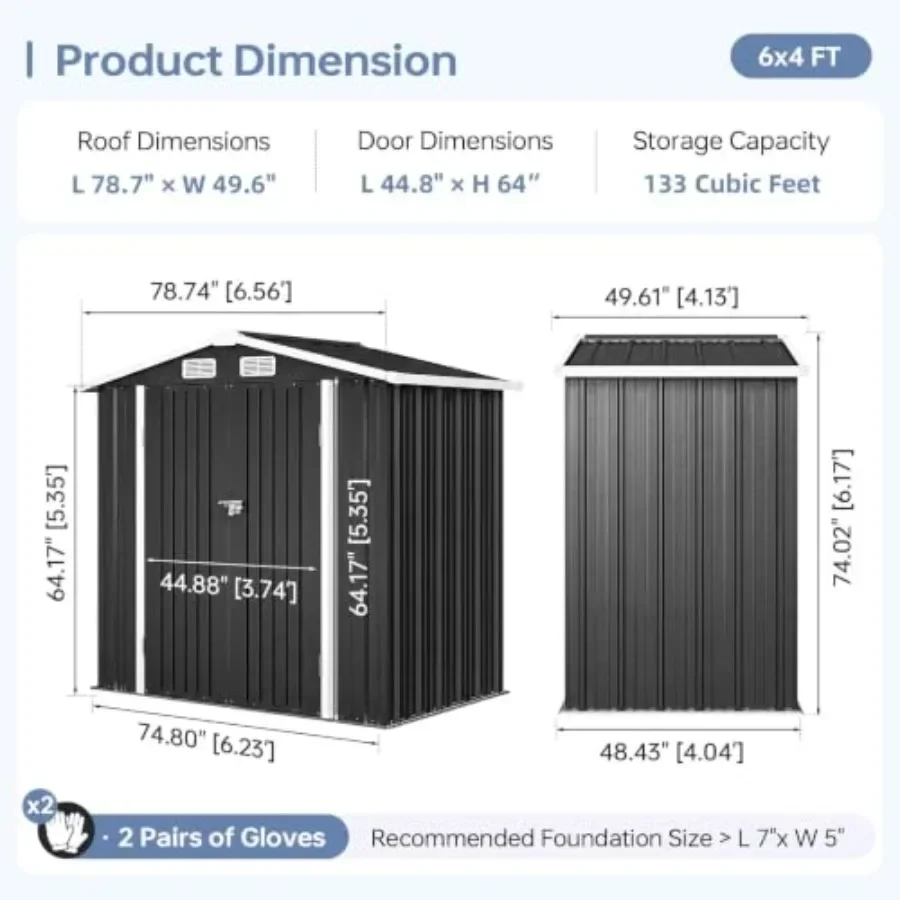 6x4FT Outdoor Storage Shed for backyard use, galvanized steel construction, gray finish, rust-resistant and weatherproof design