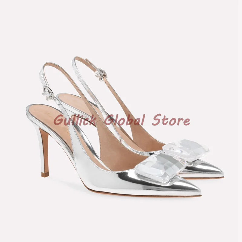 2024 New Arrival Patent Leather Pointed Toe Shallow Wrapped Toe Gemstone Decoration Slingback Sandals Ankle Buckle Stiletto Cosy