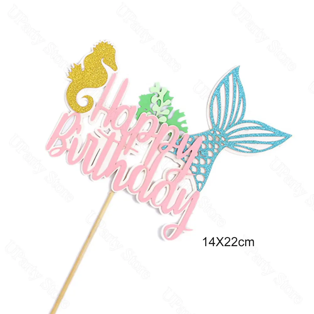 7Pcs/Set Mermaid Happy Birthday Cake Toppers Purple Pink Sea Shell Mermail Tail Cake Toppers for Mermaid Birthday Cake Decortati