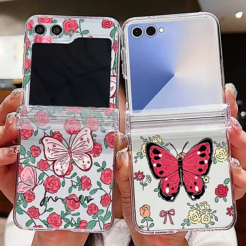 Blumen-Bowknot-Telefonhülle für Samsung Galaxy Z Flip 7 FE 7 6 5 4 3 5G, klare, faltbare harte Abdeckung für Samsung Z Flip7 Flip6 Flip5