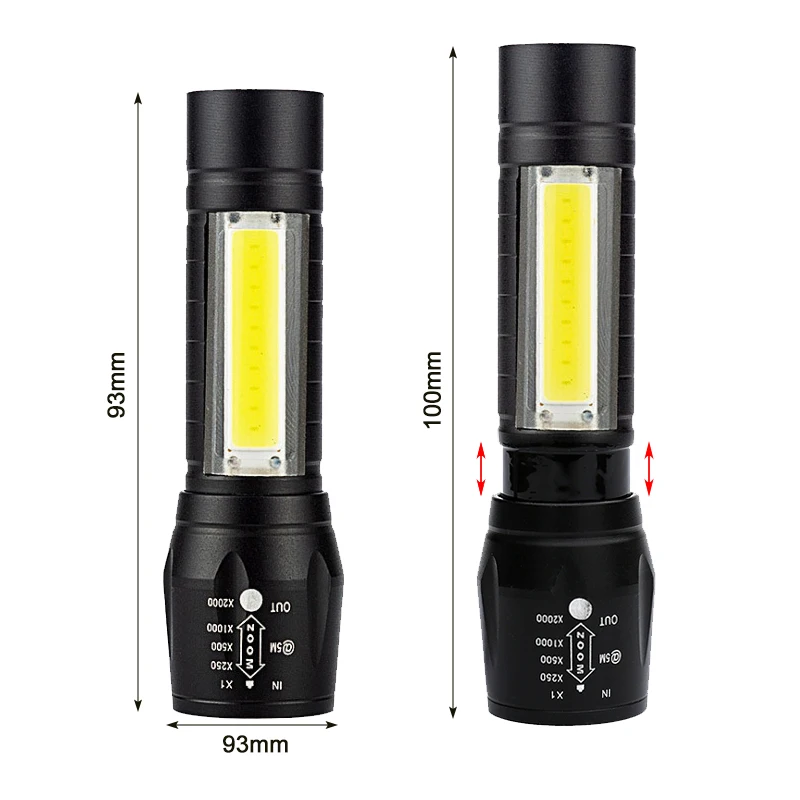 Hot XPE +COB Zoomable Light Lamp Torch with LED Flashlight 18650 USB Rechargeable