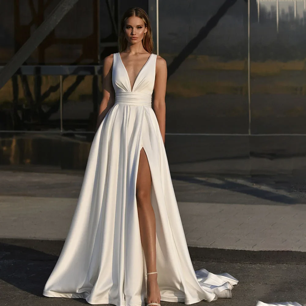 New style deep V-neck Satin Prom Dresses Long Ball Gown A Line slit Wedding Dress for Bride Evening Party Gown with train