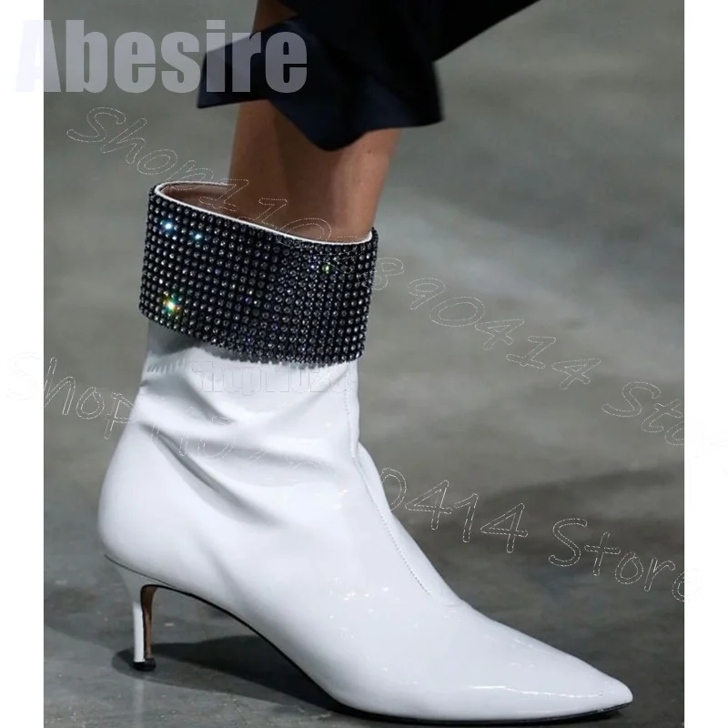 Botas de pasarela con punta estrecha y decoración de diamantes de imitación, Zapatos sin cordones Para Mujer, tacones finos, fiesta, citas, 2024