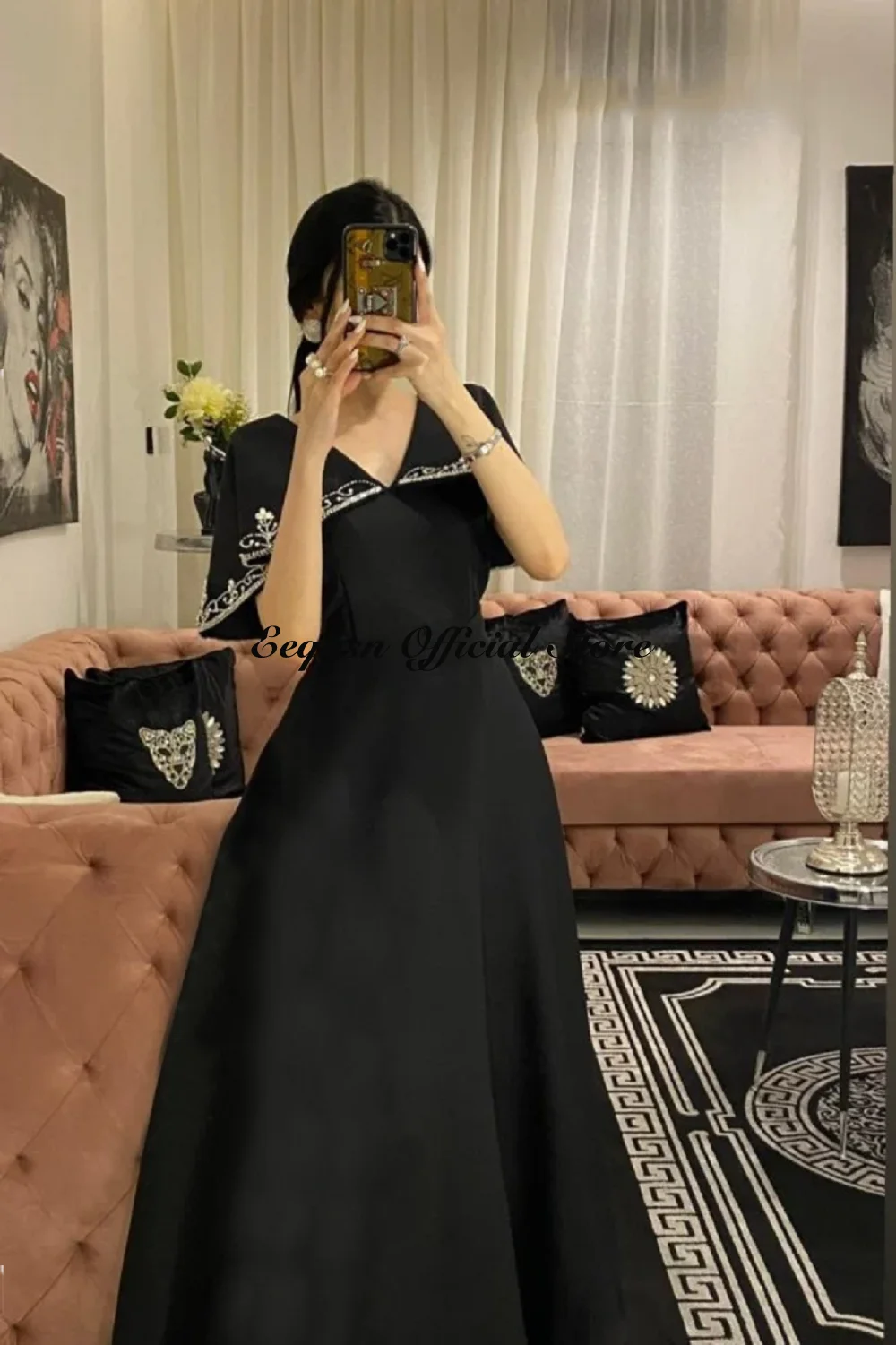 Customized Black Party Dress for Weddings Line A Beading Ankle Length Robe De Soiree Femmes Evening Dresses for Formal Occasions