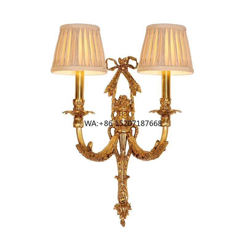 European Baroque Old Design Copper Brass Candle Wall Lamp with Fabric Shade Luxury Living Room Hotel Hall Vintage Wall Sconce