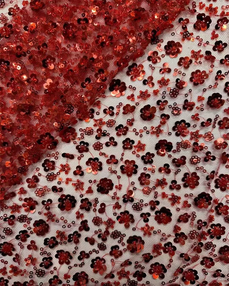 

Red French Sequins Net Lace Fabric 2026High Quality African Beaded Lace Fabric Nigerian Embroidery Wedding Party Lace Fabric
