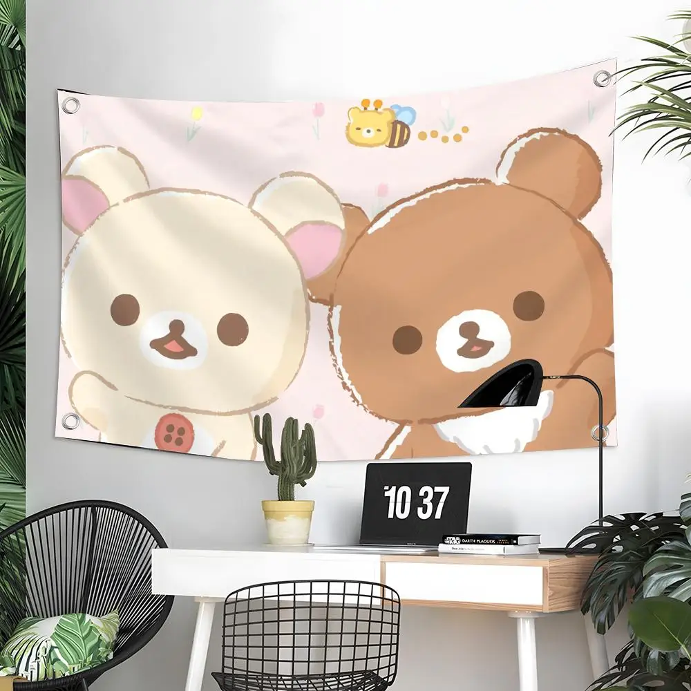 Cute R-Rilakkuma Cartoon Flags Custom Wall Hanging Background Art Banner For Bedroom Home Living Room Outdoor Decor