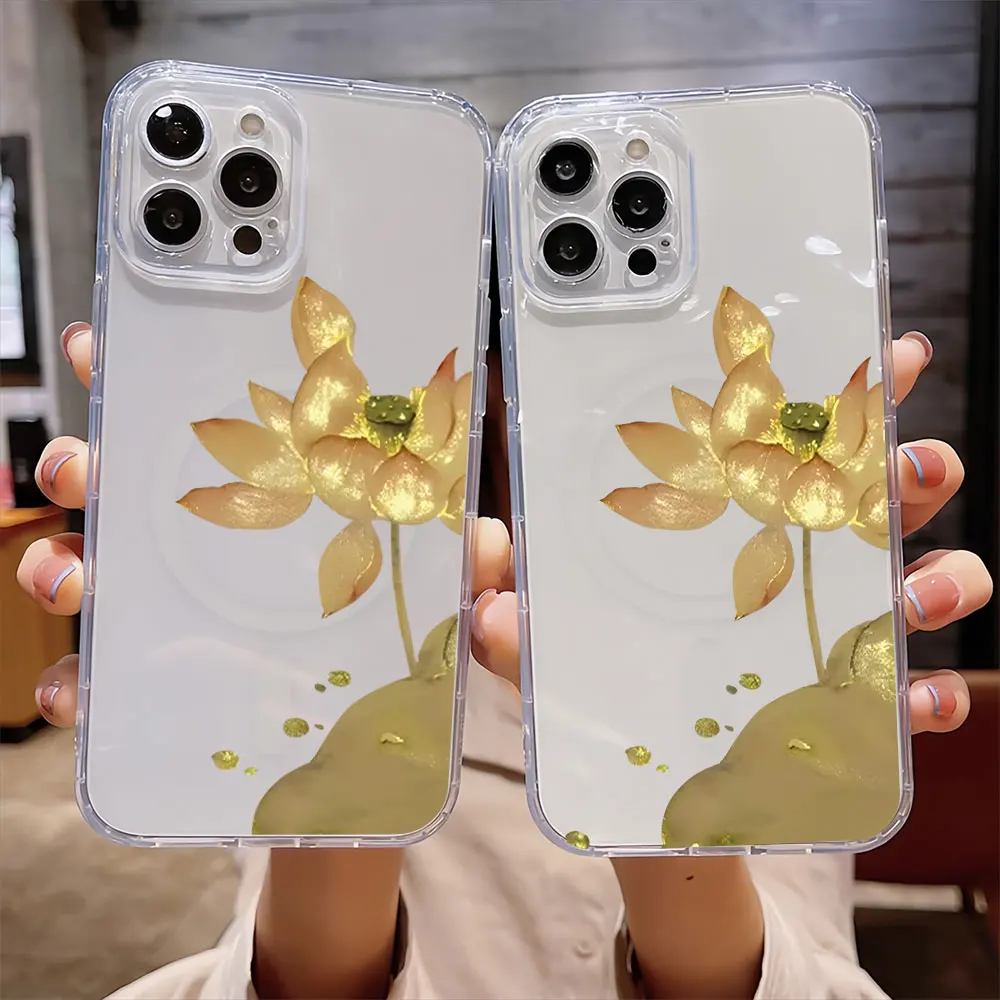 Golden Lotus Art Plant For IPhone 16 15 14 13 12 11 Pro Max Plus Transparent Magnetic Suction Phone Case