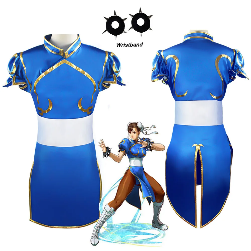 게임 Chun Li 코스프레 의상, 할로윈 파티, Sutorito Faita 블루 치파오 드레스, 가발 및 팔찌, 여성 소녀 의류 세트