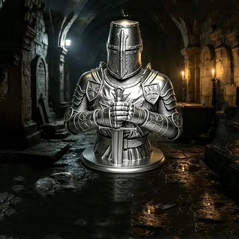 3D Printed Silver Templar Knight Bust Statue Gothic Sculpture Historical Ornament for Desktop Home Decor Collectible Gift