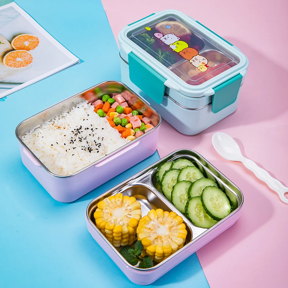 Portable Stainless Steel Lunch Box Double Layer Cartoon Food Container Box Microwave Bento Box for Kids Children Picnic School