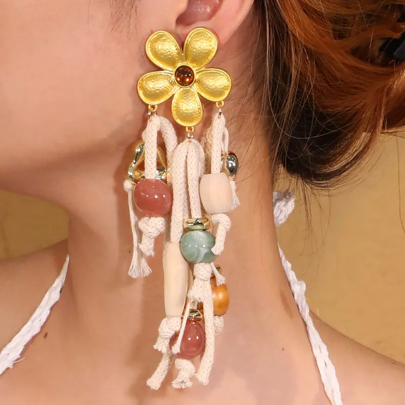 Boho Flower&Ropes Dangle Earrings Exaggerated Earrings Handmade For Women Wedding Party Jewelry