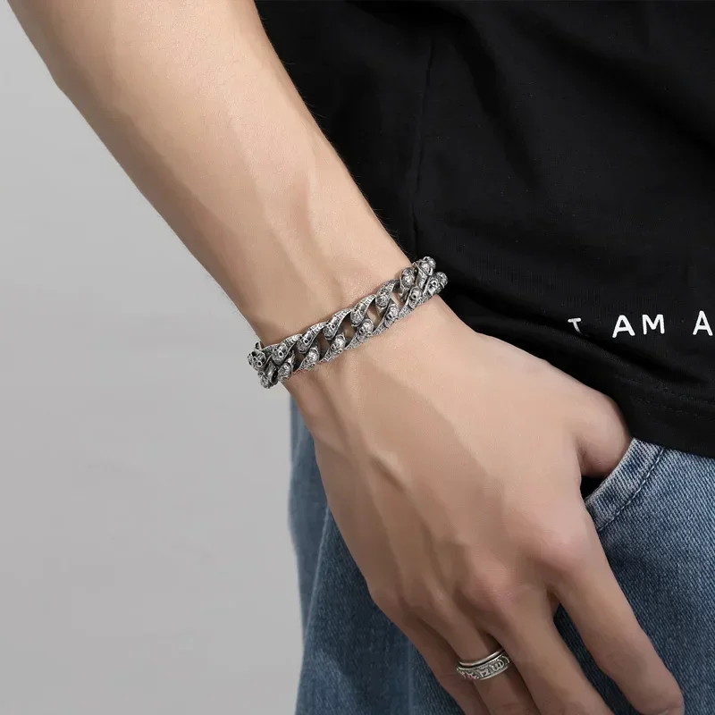 925 Silver Graffiti Bracelet Fashion Male Personality Retro Skeleton Head Bracelet Dark Black Hip Hop Gift for Boyfriend