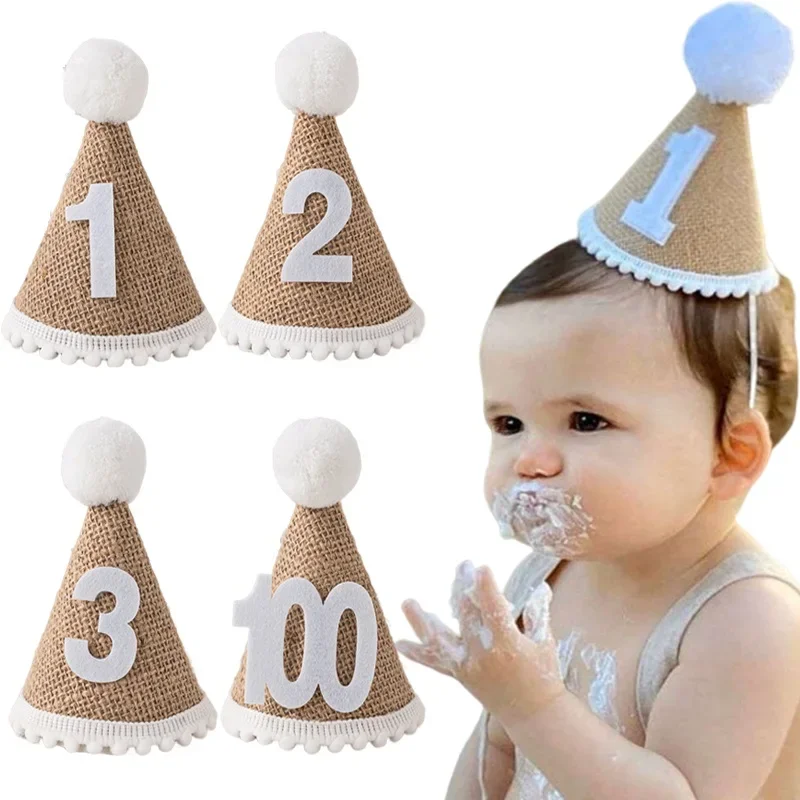 1 2 3 100 Birthday Hat Baby Boy Girl Linen Headband Birthday Baby Shower Party Decoration Caps Adult Anniversary Hats Photo Prop