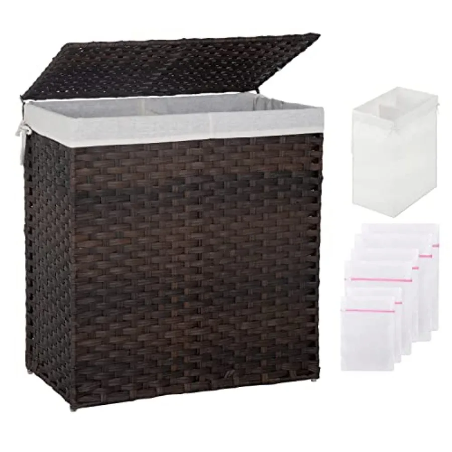 

Laundry Basket Handwoven Laundry Hamper/ Foldable Rattan Hamper With Lid, 2 Removable Liner Bags and 6 Laundry Bags, Clothes Ha