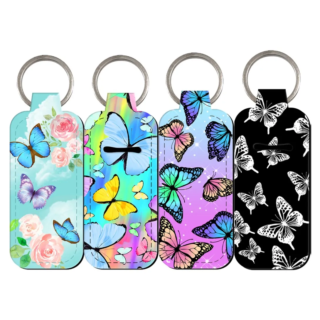 Colourful ButterfliesClip on Lipstick Holder Keychain Case Small Portable Keyring Strap Fashion KeyChain Bag Travel Accessories