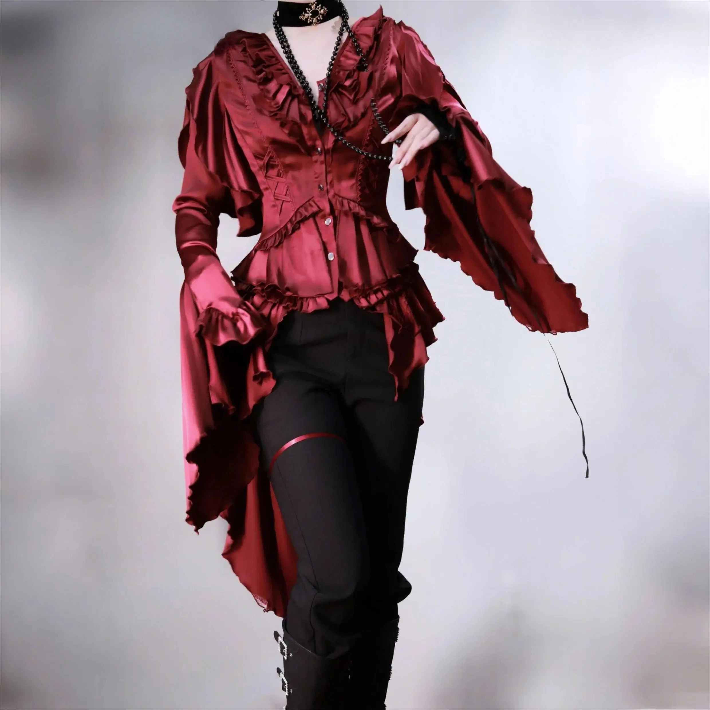 

Japanese Style Vintage Red Lolita Trailing Shirt Women Elegant Gothic Long Sleeve Blouses Y2k Aesthetic Female Casual Retro Tops