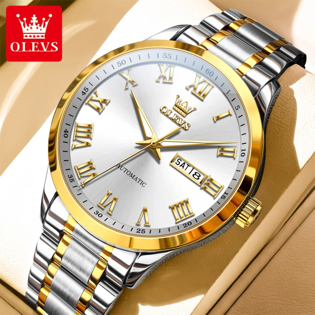 

OLEVS 7075, модные механические часы, подарок, ремешок для часов из нержавеющей стали, наручные часы с круглым циферблатом, дисплей недели, светящийся календарь